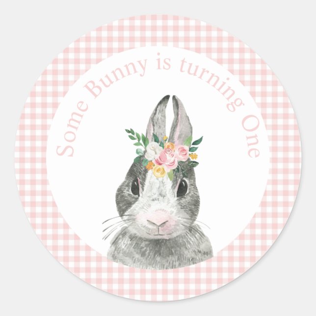 Sticker Rond Un lapin est un lapin rose En vichy anniversaire (Devant)