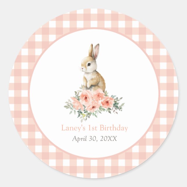 Sticker Rond Un lapin rose floral fille Anniversaire (Devant)