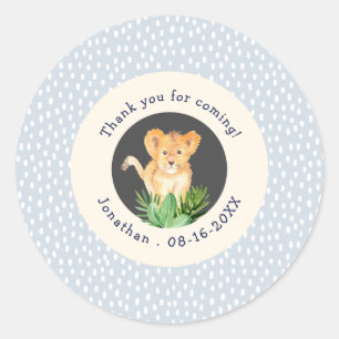 Sticker Rond Un Lion gris bleu sauvage Merci Anniversaire Favor