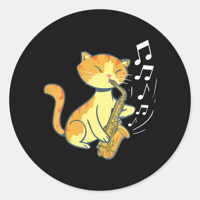 Sticker Rond Un mignon chat jouant au saxophone (Devant)