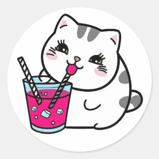 Sticker Rond Un mignon chat rose boit une paille