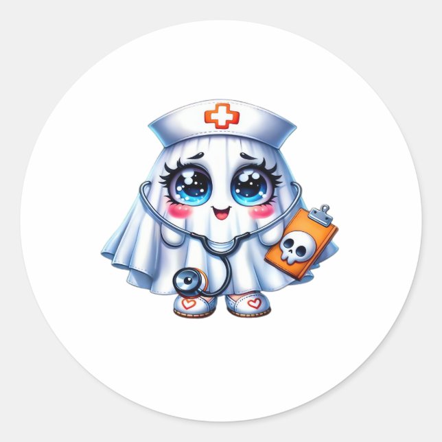 Sticker Rond Un mignon fantôme d'Halloween en uniforme d'infirm (Devant)