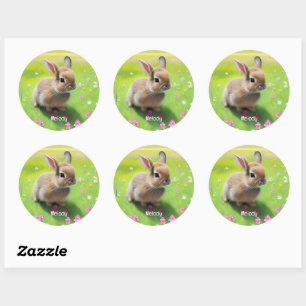 Sticker Rond Un mignon lapin dans une prairie fleurie