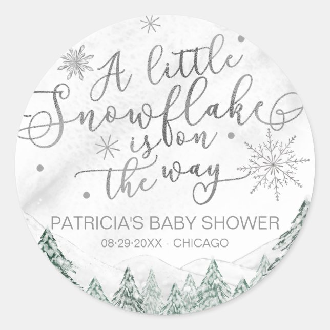 Sticker Rond Un petit Baby shower gris Snowflake Classic Round (Devant)