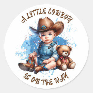 Sticker Rond Un petit cowboy est sur le chemin   Baby shower