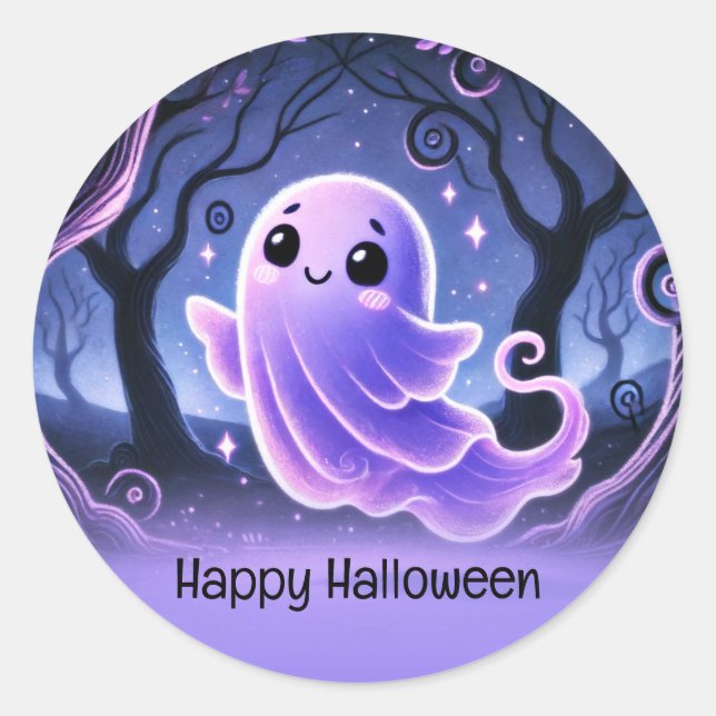 Sticker Rond Un Petit Fantôme De Bois Purple Halloween fête d'a (Devant)