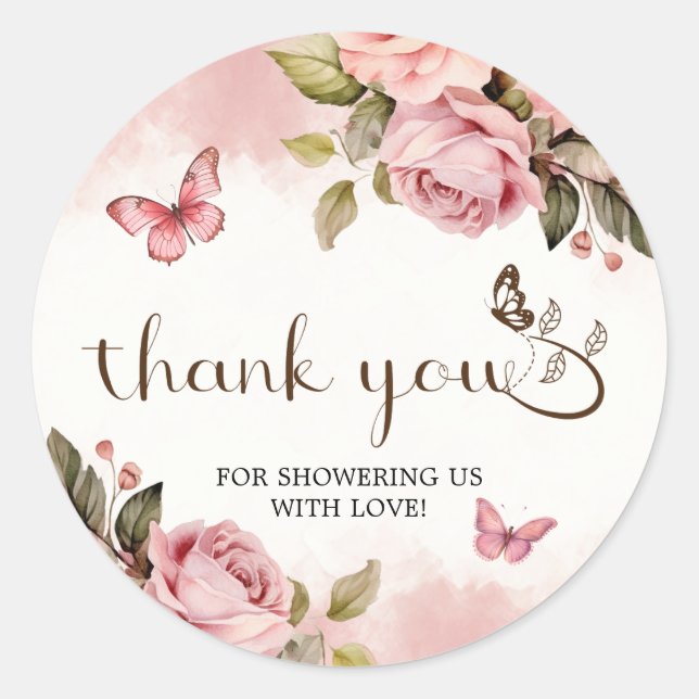 Sticker Rond Un petit Merci de Baby shower papillon (Devant)