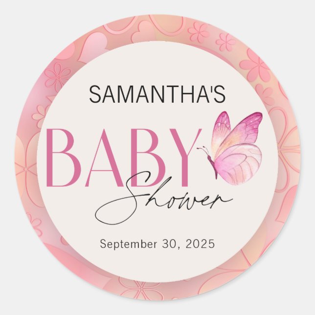 Sticker Rond Un petit papillon est sur le Baby shower Way (Devant)