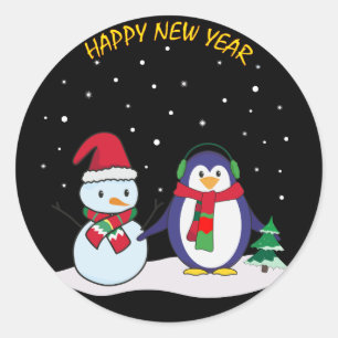 Sticker Rond Un pingouin et un bonhomme de neige, Bonne année !