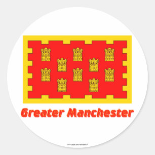 Sticker Rond Un plus grand drapeau de Manchester avec le nom