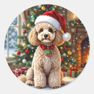 Sticker Rond Un Poodle Festif Mignon de Noël