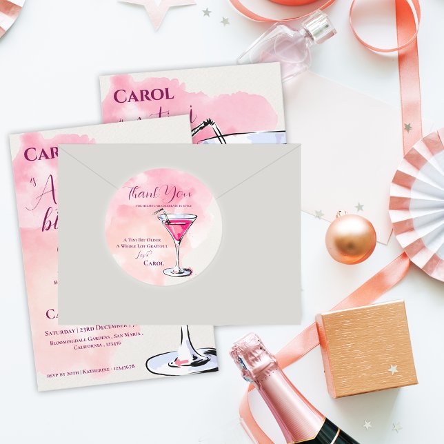 Sticker Rond Un Tini Un Peu Plus Ancien Martini Rose Merci Anni (A Tini Bit Older Pink Martini Birthday Thank You Classic Round Sticker)