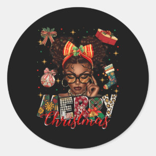 Sticker Rond Une Africaine Américaine Noire Joyeuse Pajam Noël