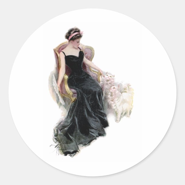 Sticker Rond Une dame et ses chats (Devant)