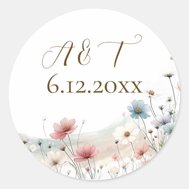 Sticker Rond Une Elégante Aquarelle Fleur sauvage date Mariage (Devant)