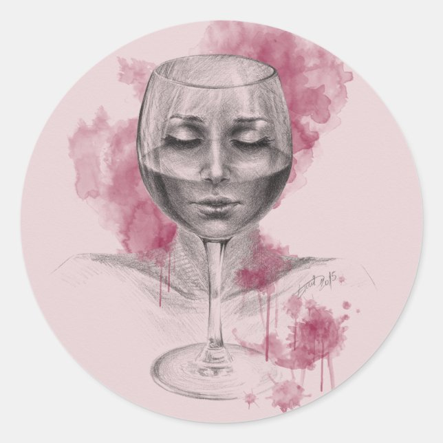 Sticker Rond Une femme visage dans le verre de vin dessin surré (Devant)