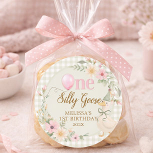 Sticker Rond Une Fête d'Anniversaire Flora Rose à Carreaux One