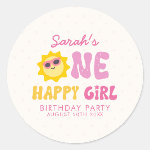 Sticker Rond Une fille heureuse Rétro Soleil Premier Anniversai