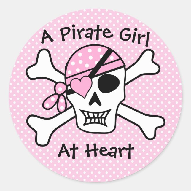 Sticker Rond Une Fille Pirate Au Coeur Cute Rose Girly Polka Do (Devant)