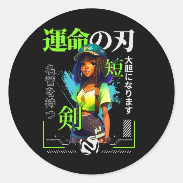 Sticker Rond Une Fille Qui Aime Anime Black Girl Game Lovers (Devant)