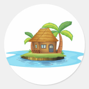 Sticker Rond Une île avec une petite hutte de nipa