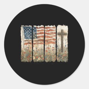 Sticker Rond Une nation sous Dieu Usa Drapeau Croix Floral Chri