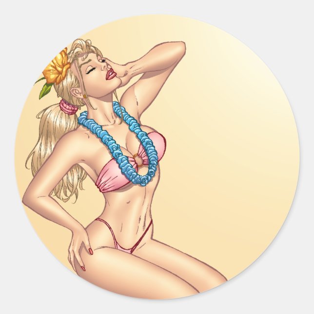 Sticker Rond Une petite fille blonde avec des fleurs en bikini  (Devant)