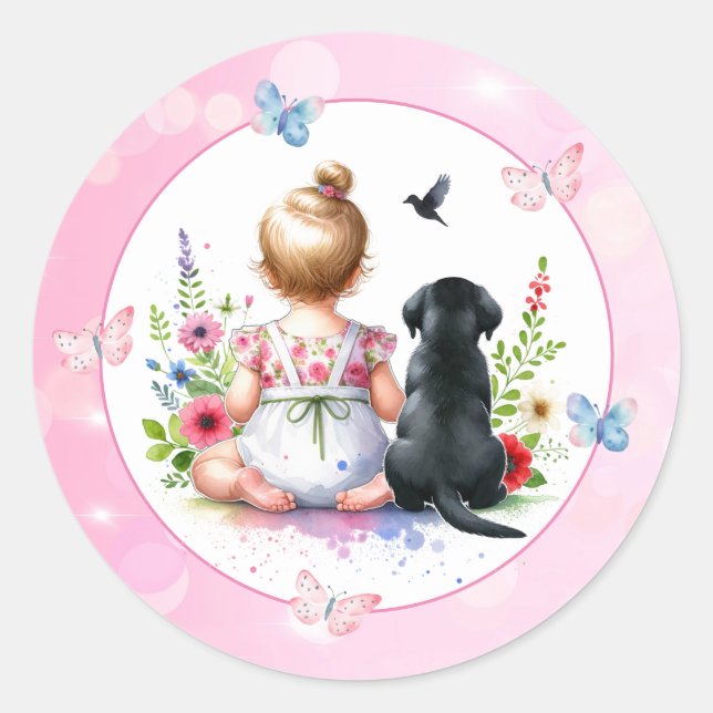 Sticker Rond Une petite fille et son Baby shower de chiot (Devant)