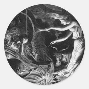 Sticker Rond Une Sorcière À Son Cauldron Entourée De J Wellcome