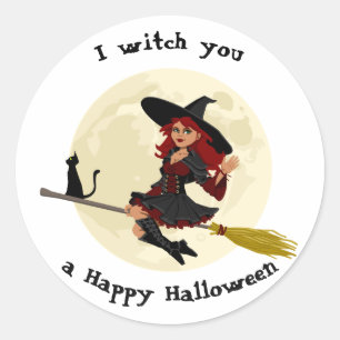 Sticker Rond Une sorcière d'halloween conviviale sur le balai e