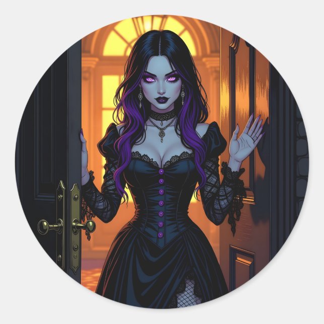 Sticker Rond Une sorcière noire et violette | Halloween (Devant)