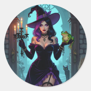 Sticker Rond Une sorcière, une candélabre et une Halloween de g