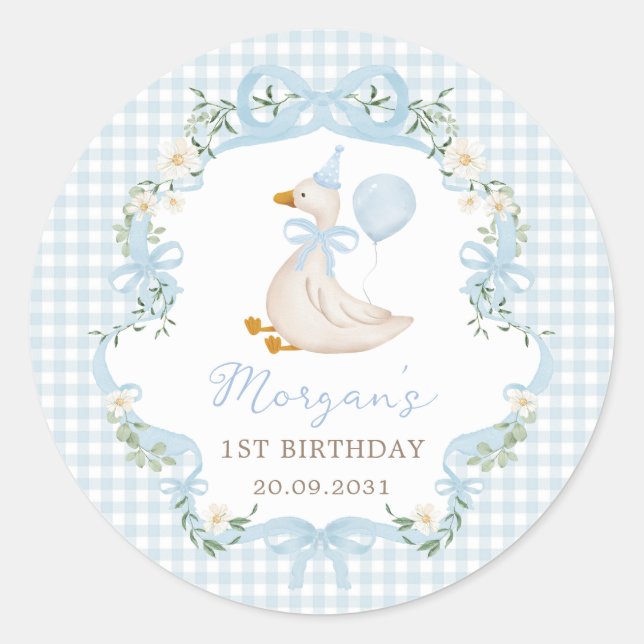 Sticker Rond Une sotte bleu oie Bow Floral 1er Anniversaire (Devant)