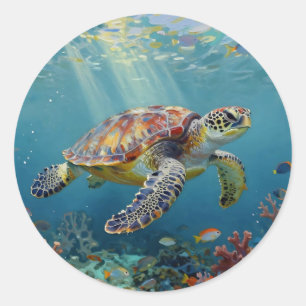 Sticker Rond Une teinte de sarcelle sur le thème de la tortue d