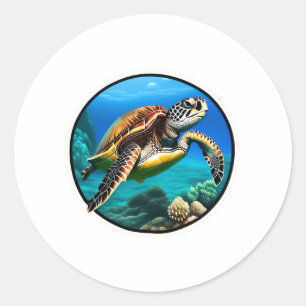 Sticker Rond Une tortue de mer conviviale nageant dans l'océan