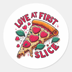 Sticker Rond Une tranche de pizza disant "L'amour à la première