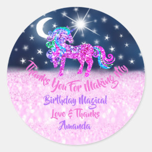 Sticker Rond Unicorn Anniversaire Bleu Marine Rose Merci Étoile