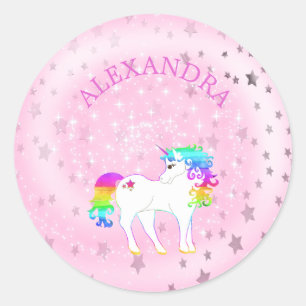 Sticker Rond Unicorn Arc-en-ciel rose Argent étoiles mignonnes