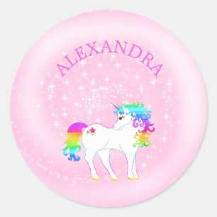 Sticker Rond Unicorn Arc-en-ciel rose filles mignonnes nommé