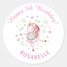Sticker Rond Unicorn Ballerina Girly PInk fête d'anniversaire