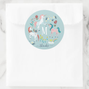 Sticker Rond Unicorn bleu mignon filles magiques monogramme ann
