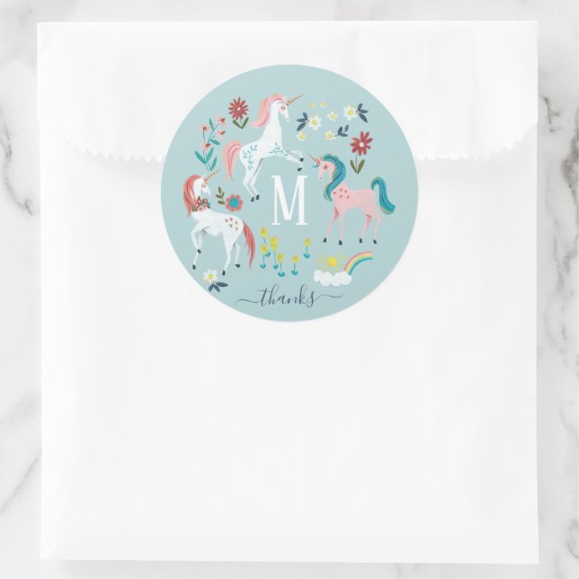 Sticker Rond Unicorn bleu mignon filles magiques monogramme ann (Sac)