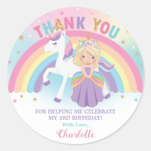 Sticker Rond Unicorn Blonde Princesse Anniversaire Merci Favori