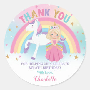 Sticker Rond Unicorn Blonde Princesse Anniversaire Merci Favori