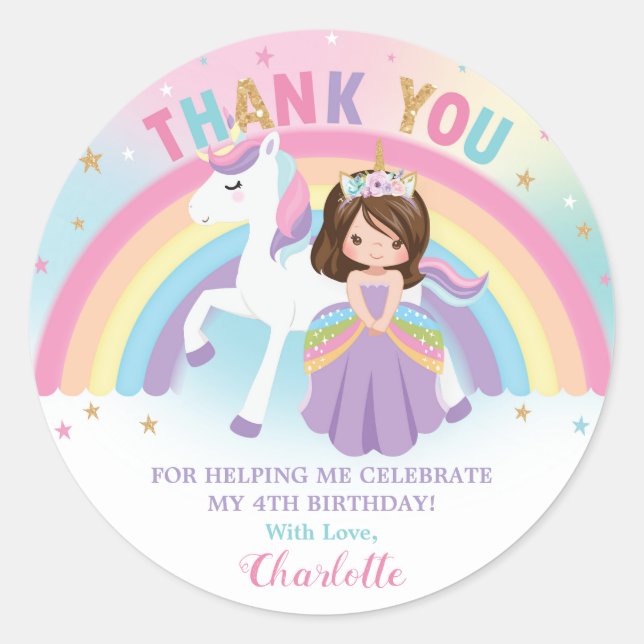 Sticker Rond Unicorn Brunette Princesse Anniversaire Merci Favo (Devant)