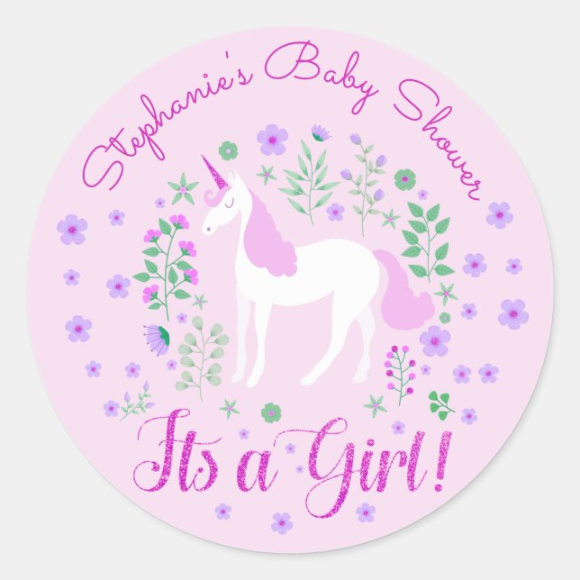 Sticker Rond Unicorn C'Est Une Fille Baby shower Rose Personnal (Devant)