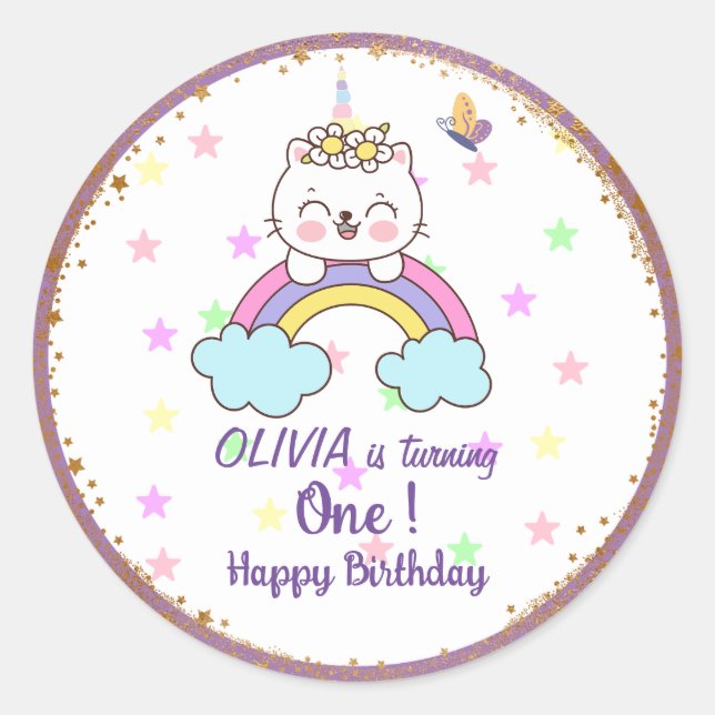 Sticker Rond Unicorn Chat Rainbow Golden Purple 1er anniversair (Devant)