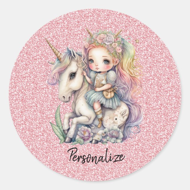 Sticker Rond Unicorn Fairy Princess Parties scintillant rose Im (Devant)