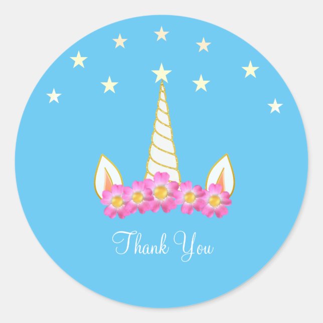 Sticker Rond Unicorn Fleurs et étoiles Merci (Devant)