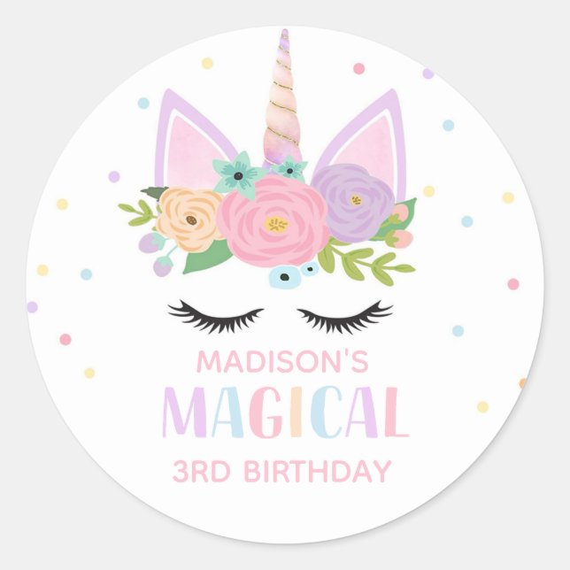 Sticker Rond Unicorn Fleurs Pois de fête d'anniversaire (Devant)